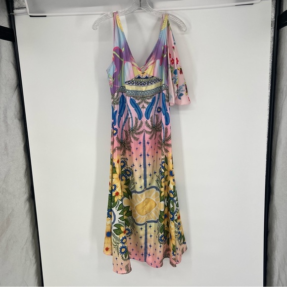 Oceanus Camille Multicolor Satin V Neck Tropical Resortwear Beach Midi Dress XL - Picture 10 of 11